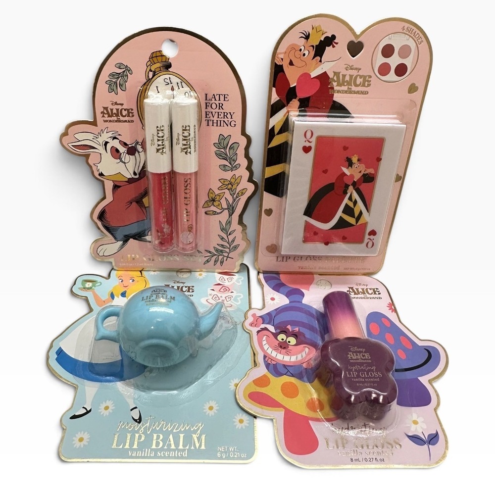 Disney Alice in Wonderland Lip Gloss Queen of Hearts Cheshire Cat Rabbit 4pc Set